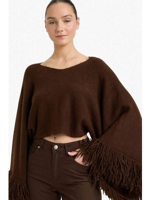 DeFacto Oversize Geniş Kalıp Kayık Yaka Püskül Detaylı Triko Kazak G8069AX25WN