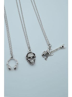 Alooya 3'lü Kulaklık Kuru Kafa Gitar Dj Kuru Kafa Gümüş Kaplama Kolye Seti