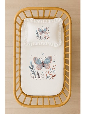 Moda Lime Pastel Kelebek ve Çiçek Desenli Bebek Nevresim Takımı – %100 Akfil – Içi Dolgulu Fırfırlı Yastıklı
