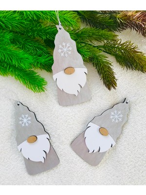 Empressco 3 Adet Sevimli Cüce Figürlü Gümüş Renkli Ahşap Yılbaşı Süsü Seti