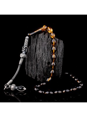 1000 Ayar Gümüş Püsküllü Arpa Kesim Süzme Renk Ateş Kehribar Tesbih