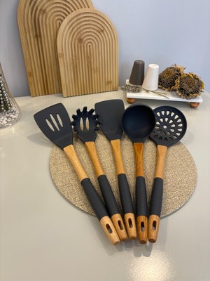 Berina Home Bambu Saplı Silikon Spatula Seti - En Büyük Boy / A Kalite - Bambu Saplı Silikon Kepçe Seti - Silikon Servis Seti