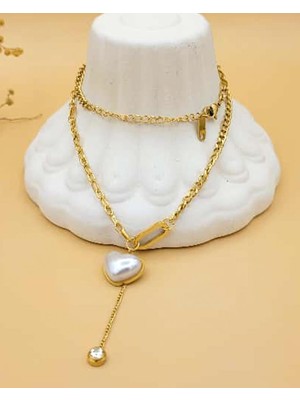 Nevoka Luna Kalp Inci Detaylı Gold Çelik Kolye