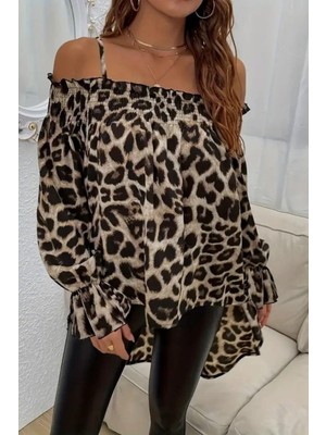 Mossta Leopar Desenli Omuz Dekolteli Süprem Bluz - Leopar