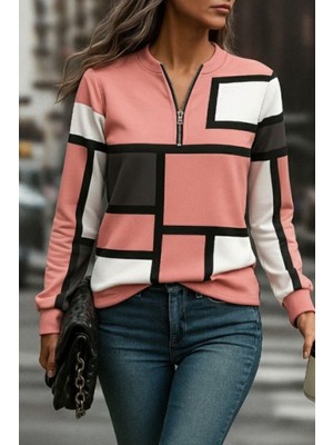 Mossta Fermuar Detaylı Desenli Şardonlu Dalgıç Bluz - Desenli