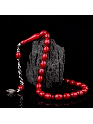 925 Ayar Gümüş Püsküllü Bordo Renk Ateş Kehribar Tesbih