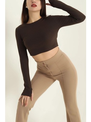 Mossta Bisiklet Yaka Parmak Geçmeli Crop Bluz Kahve