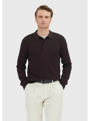 Ramsey Mürdüm Polo Yaka Jakarlı Yün Karışımlı Triko Kazak