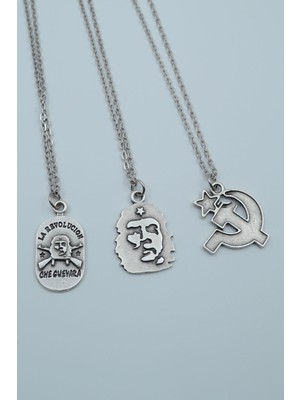 Alooya 3'lü Devrim Che Guevara Orak Çekiç Gümüş Kaplama Kolye Seti