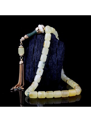 Kapsül Kesim Damla Kehribar Tesbih Zirkon Set 925 Ayar Gümüş Püsküllü