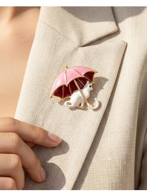 Nevoka Pembe Şemsiyeli Beyaz Kedi Broş