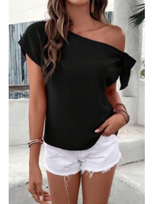 Mossta Tek Omuz Bağlama Detaylı Krep Bluz - Siyah