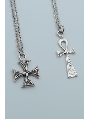 Alooya 2'liSembollü Ankh Anahtarı Nil’in Anahtarı Gamalı Haç Gümüş Kaplama Kolye Seti