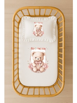 Moda Lime Pudra Pembe Çiçekli Salıncak Ayıcık Bebek Nevresim Takımı Içi Dolgulu Fırfırlı Yastıklı