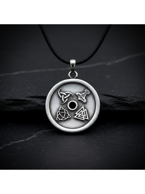 Alooya Vegvisir Pusula - Viking Sembol Gümüş Kaplama Deri İp Kolye