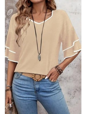 Mossta V Yaka Kısa Kollu Volan Detaylı Viskon Bluz - Bej