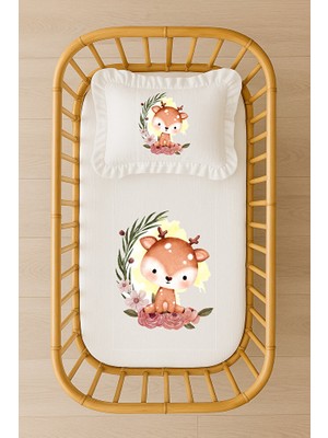 Moda Lime Bambi Geyik Çiçekli Bebek Nevresim Takımı – 70×120 – %100 Akfil – Içi Dolgulu Fırfırlı