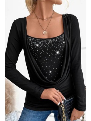 Mossta Degaje Yaka Taşlı Sandy Bluz - Siyah