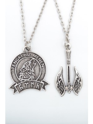 Alooya 2'li Tengri Biz Menen - Bozkurt - Türk -Çift Taraflı Balta  Gümüş Kaplama Kolye Seti