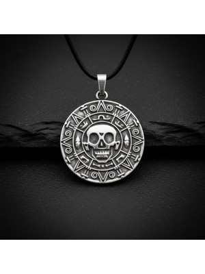 Alooya Aztec Karayip Korsanları Madalyon Gümüş Kaplama Deri İp Kolye