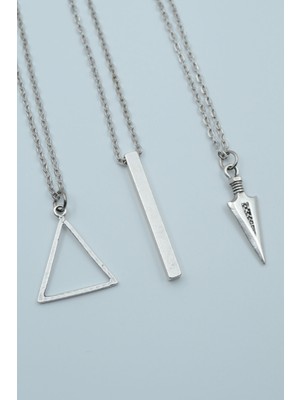 Alooya 3'lü Üçgen Düz Çubuk Bar Triagle Ok Ucu Gümüş Kaplama Kolye Seti