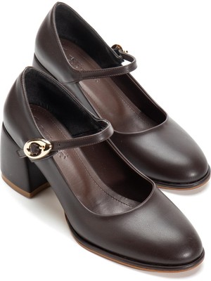 Dilimler Ayakkabı Kahverengi Kadın Kalın Topuklu Ayakkabı Baretli Vardola Kalın Tokalı