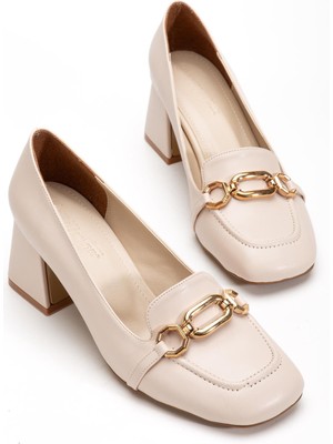 Dilimler Ayakkabı Büyük Küçük Numara Küt Burun Tokalı Cilt Bej Kadın Kalın Topuklu Ayakkabı