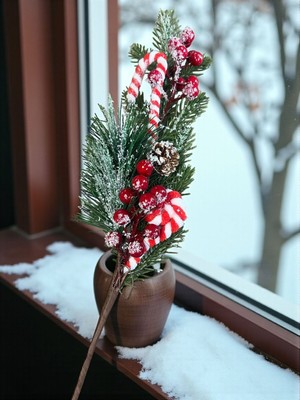 Empressco Yılbaşı Dekoratif Süsü 65 cm Uzun Saplı Karlı Baston Şekerli Kokina Kiraz Dalı