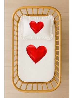 Moda Lime Kırmızı Kalp Desenli Minimalist Bebek Nevresim Takımı Içi Dolgulu Fırfırlı Yastıklı Set