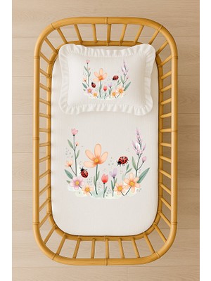 Moda Lime Bahar Çiçekleri ve Uğur Böcekli Isimli Bebek Nevresim Takımı Içi Dolgulu Fırfırlı Yastıklı