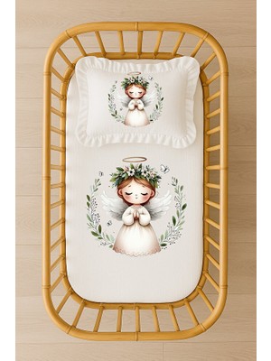 Moda Lime Isimli Bebek Nevresim Takımı Melek Kız ve Çiçek Çelengi Tasarım Içi Dolgulu Fırfırlı Yastıklı