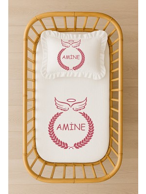 Moda Lime Isimli Bebek Nevresim Takımı – Kanat ve Melek Halo Tasarım Içi Dolgulu Fırfırlı Yastıklı Set