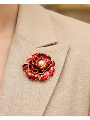 Nevoka Incili Kırmızı Gold Gül Broş