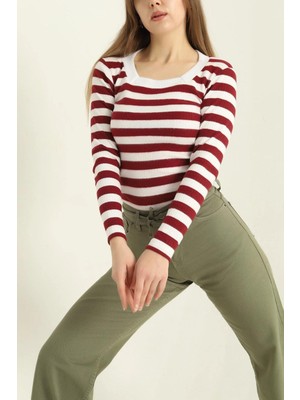 Mossta Kare Yaka Çizgili Triko Bluz Bordo