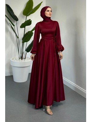 Merven Akyüz Orya Yanları Sıkmalı Saten Abiye Bordo