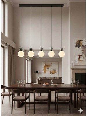 Ada Mutfak Masa Üstü 120 cm Modern 6’lı Mat Opal Beyaz Cam Sarkıt E27 Krom Detaylı