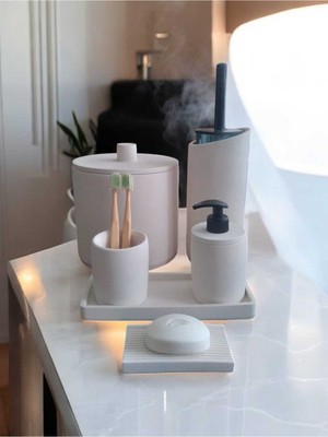 Trust Stone Kırık Beyaz Beton Banyo Seti,tuvalet Fırçası,çöp Kovası