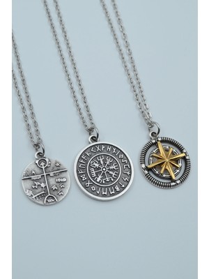 Alooya 3'lü Şaman Davulu - Kam Davulu Viking Pusula Tılsım Gümüş Kaplama Kolye Seti