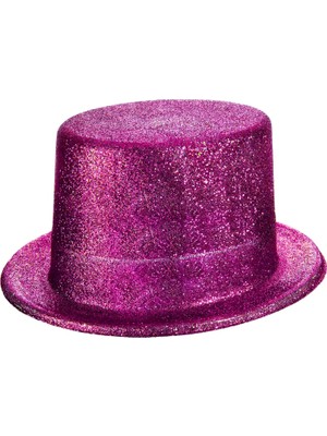 Buğz Fuşya Pembe Renk Parıltılı Simli Fötr Silindir Parti Şapkası
