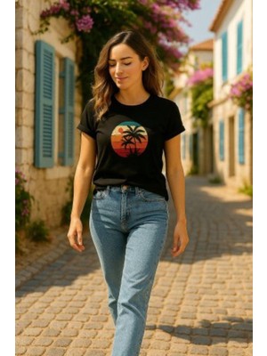 Mossta Bisiklet Yaka Palmiye Baskılı Viskon Bluz - Siyah