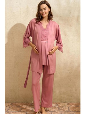 Litae Sıfır Kol V Yaka Kadın Viskon Düz Yazlık Uzun Dantel Detaylı Hamile Pijama Takımı Sabahlık