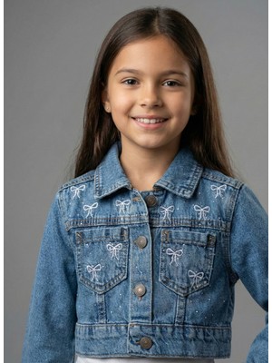 Sercino Fiyonk Nakışlı Taşlı Pamuklu Crop Kot Ceket