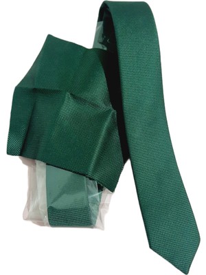 JTAW25KRV1672 Mendilli Ince Kravat  %100 Microfiber Koyu Yeşil Düz Janti Kravat