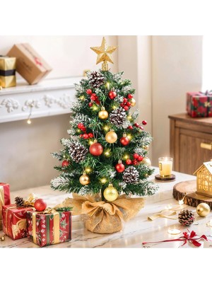 Empressco Yeşil 60 cm Çuha Kumaşlı Yılbaşı Ağacı, Peri Led, Yıldız, Kar ve Süslemeler ile