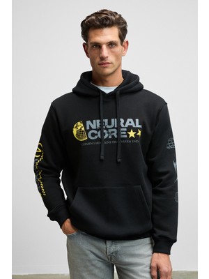 Grimelange CORNELIUS Erkek Önü Ve Kolları Baskılı Kapüşonlu Kordonlu Kanguru Cepli Siyah Sweatshirt