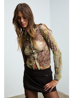 Grimelange VIVERRO Kadın Esnek Baskılı Yumuşak Dokulu Düğmeli Mesh Kumaşlı Çok Renkli Bluz