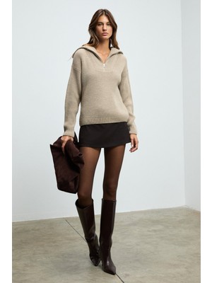 Grimelange AUDAZ Kadın Fermuarlı Dik Yakalı Uzun Kollu Relaxed Fit Triko Bej Kazak