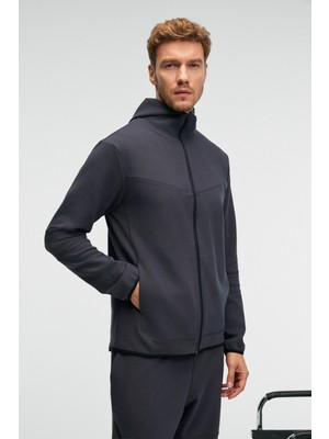 Grimelange AVENER Erkek Kapüşonlu Baskılı Fermuarlı Antrasit Sweatshirt