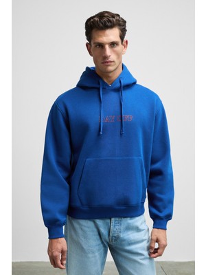 Grimelange BLAISE Erkek Önü Ve Sırtı Baskılı Kapüşonlu Kordonlu Kanguru Cepli Regular Fit Mavi Sweatshirt