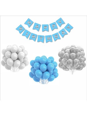 Zenviva Beyaz, Mavi, Gümüş Balon-Banner Seti